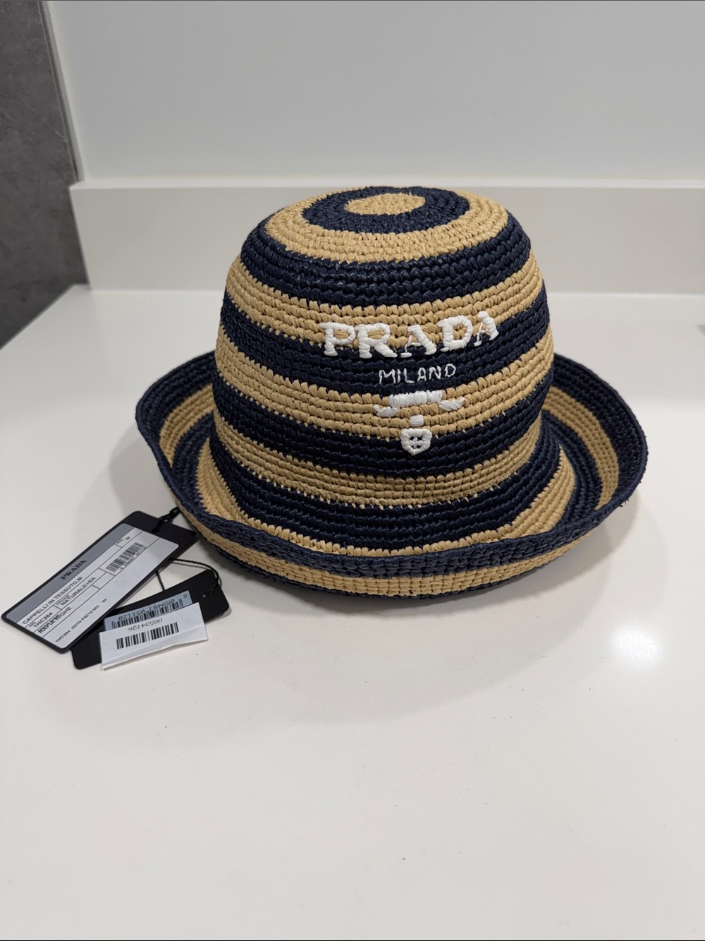 PRADA Kids Navy & Tan Striped Straw Bucket Hat